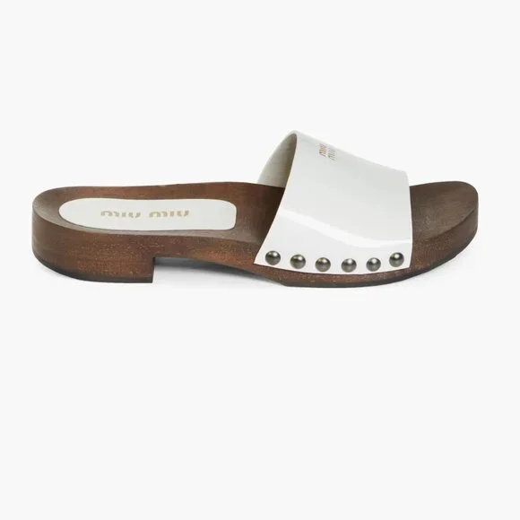 MIU MIU 5Z425E White Patent Leather Wooden Clogs Sandals, sz 38 - Picture 3 of 16